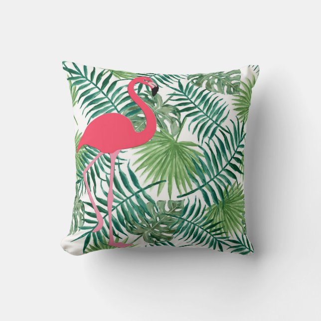 Roze Waterverf Flamingo Tropical Leaf Print Kussen (Voorkant)