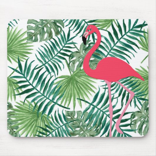 Roze Waterverf Flamingo Tropical Leaf Print Muismat (Voorkant)