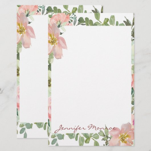 Roze waterverf flora gepersonaliseerd briefpapier (Voorkant / Achterkant)