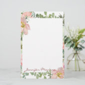 Roze waterverf flora gepersonaliseerd briefpapier (Staand voorkant)