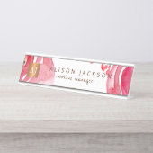 Roze waterverf floraal gouden koper monogram bureau naambordje (Voorkant)