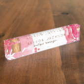 Roze waterverf floraal gouden koper monogram naambordje (Zijkant)
