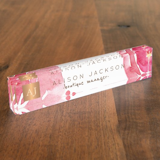 Roze waterverf floraal gouden koper monogram naambordje (Zijkant)