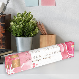 Roze waterverf floraal gouden koper monogram naambordje