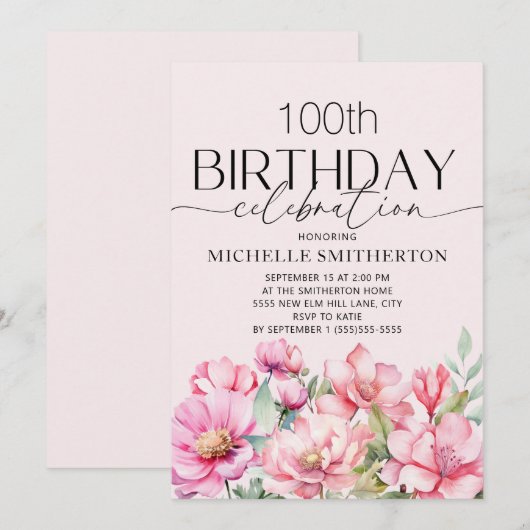 Roze Waterverf Floral 100th Birthday Kaart (Voorkant / Achterkant)