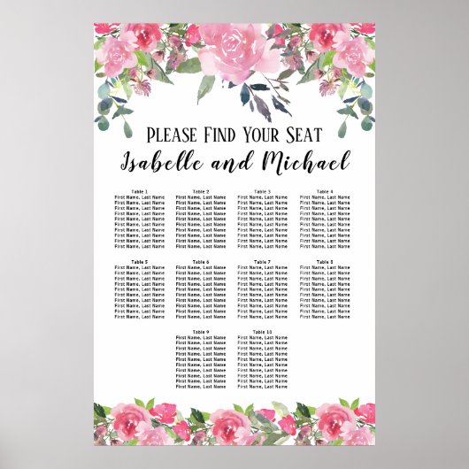 Roze Waterverf Floral 10-tabel zitplaatskaart Poster (Voorkant)