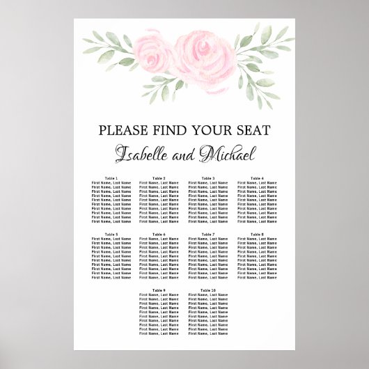 Roze Waterverf Floral 10-tabel zitplaatskaart Poster (Voorkant)