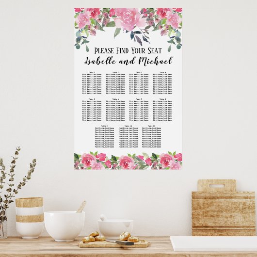 Roze Waterverf Floral 11-Tabel Zitkuur Poster (Keuken)