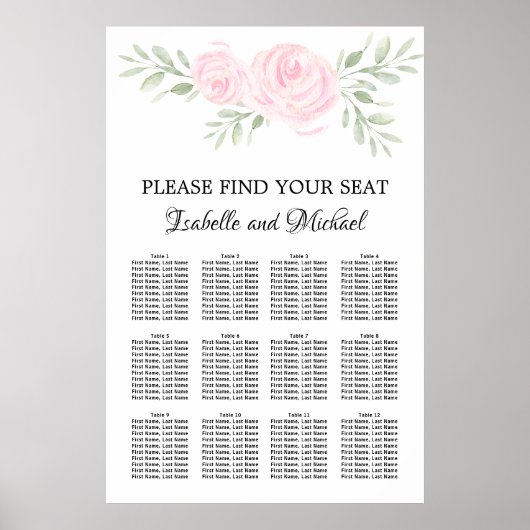 Roze Waterverf Floral 12-tabel Zitkaart Poster (Voorkant)