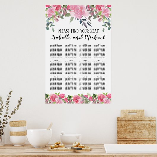 Roze Waterverf Floral 12-tabel Zitkaart Poster (Keuken)
