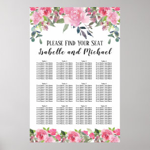 Roze Waterverf Floral 12-tabel Zitkaart Poster