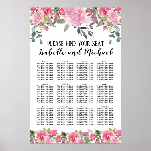 Roze Waterverf Floral 12-tabel Zitkaart Poster (Voorkant)