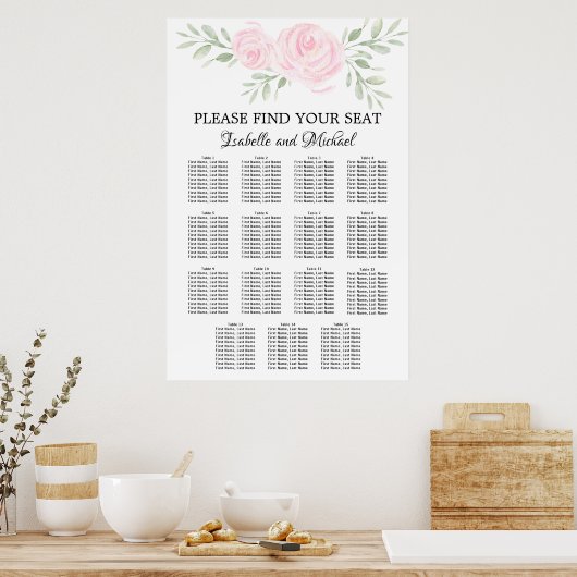 Roze Waterverf Floral 15-Tabel Zitkuur Poster (Keuken)