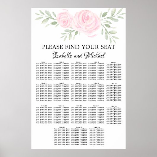 Roze Waterverf Floral 18-tabel zitplaatskaart Poster (Voorkant)