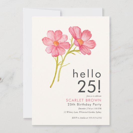 Roze Waterverf Floral 25ste geboortedag Kaart (Voorkant)
