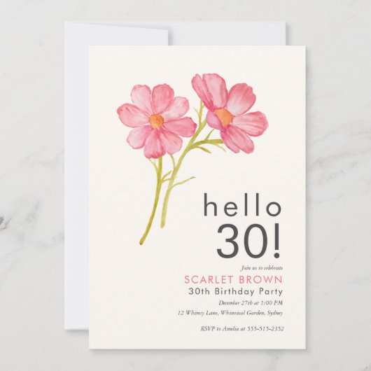 Roze Waterverf Floral 30ste geboortedag Kaart (Voorkant)
