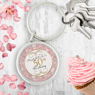  roze Waterverf Floral 50e verjaardag Sleutelhanger