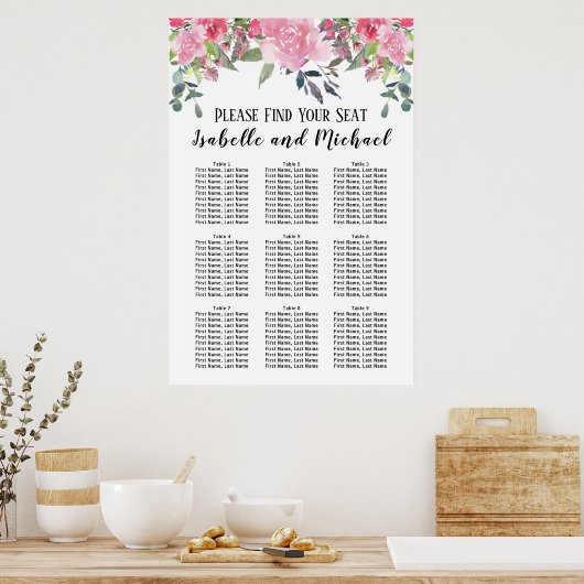 Roze Waterverf Floral 9-tabel zitplaatskaart Poster (Keuken)