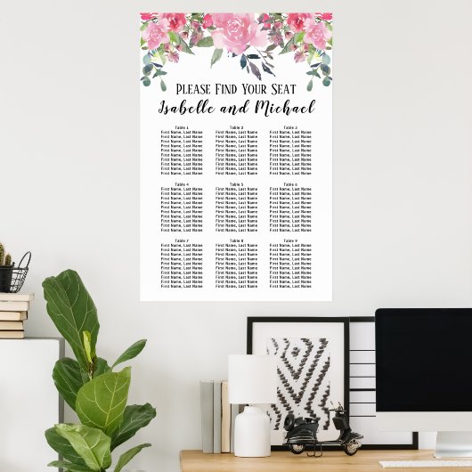 Roze Waterverf Floral 9-tabel zitplaatskaart Poster (Thuiskantoor)