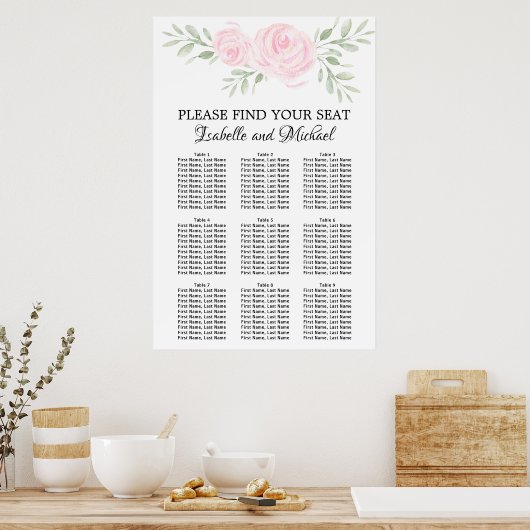 Roze Waterverf Floral 9-tabel zitplaatskaart Poster (Keuken)