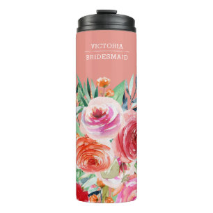 Roze Waterverf Floral Aangepaste Bridesmaid Naam Thermosbeker