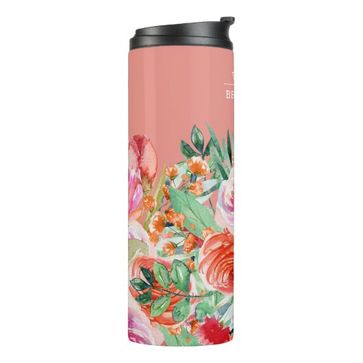Roze Waterverf Floral Aangepaste Bridesmaid Naam Thermosbeker (Gedraaid links)