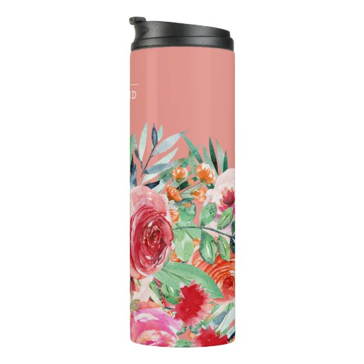 Roze Waterverf Floral Aangepaste Bridesmaid Naam Thermosbeker (Geroteerd rechts)