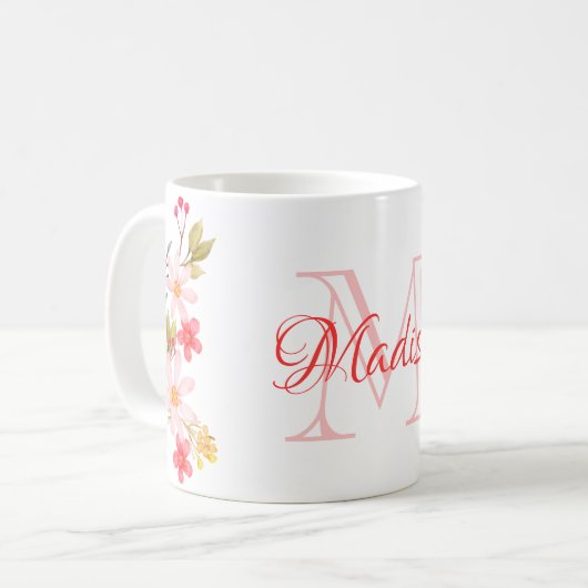  roze Waterverf Floral Aangepaste Monogram Naam Koffiemok (Voorkant links)