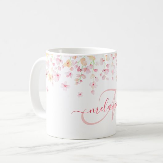  roze Waterverf Floral Aangepaste Monogram Naam Koffiemok (Voorkant links)
