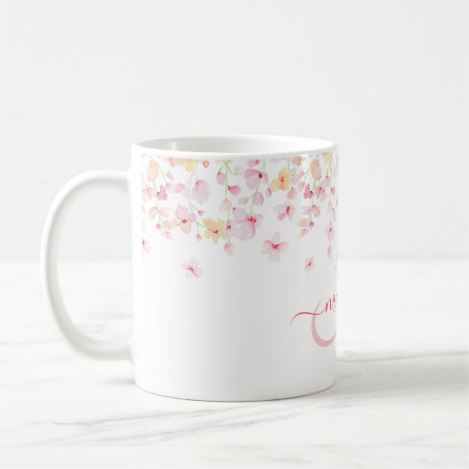 roze Waterverf Floral Aangepaste Monogram Naam Koffiemok (Links)