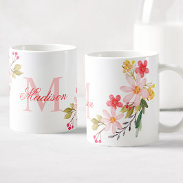  roze Waterverf Floral Aangepaste Monogram Naam Koffiemok