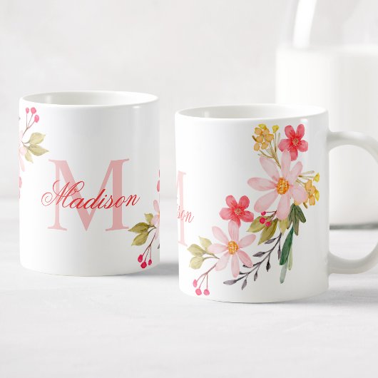 roze Waterverf Floral Aangepaste Monogram Naam Koffiemok