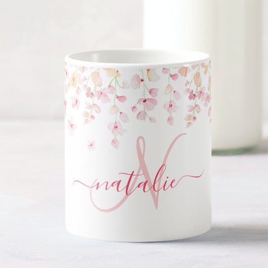  roze Waterverf Floral Aangepaste Monogram Naam Koffiemok