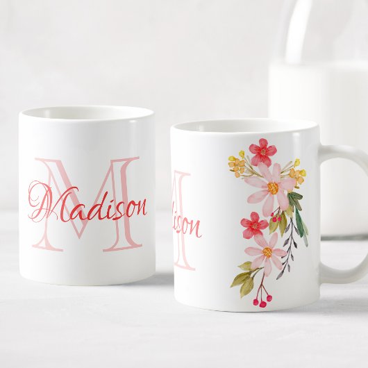  roze Waterverf Floral Aangepaste Monogram Naam Koffiemok