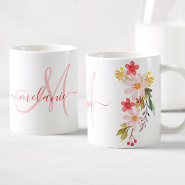  roze Waterverf Floral Aangepaste Monogram Naam Koffiemok