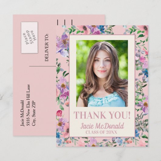 Roze Waterverf Floral Afstuderen Hartelijk dank Aankondigingskaart (Voorkant / Achterkant)