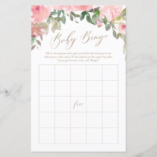 Roze Waterverf Floral Baby shower Bingo Game (Voorkant)