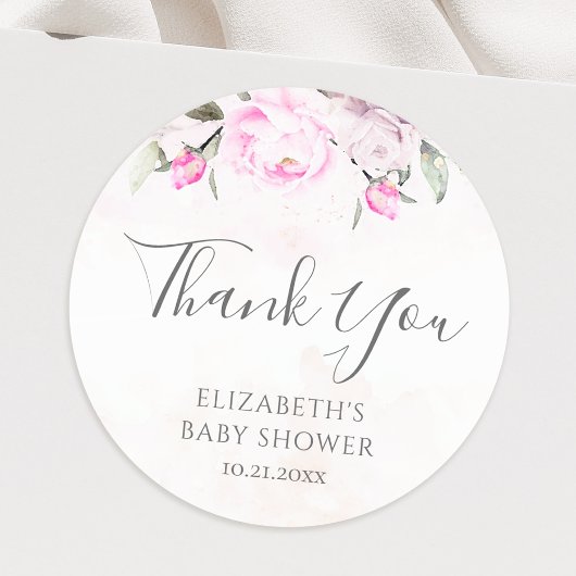 Roze Waterverf Floral Baby shower Hartelijk dank Ronde Sticker