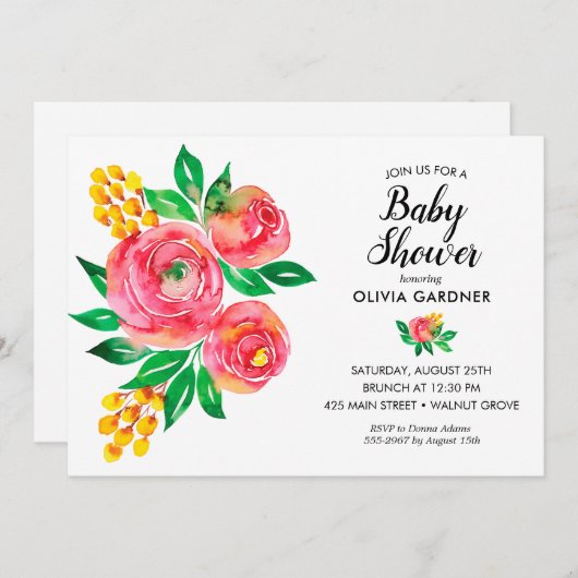 Roze Waterverf Floral Baby Shower Invitaties (Voorkant / Achterkant)