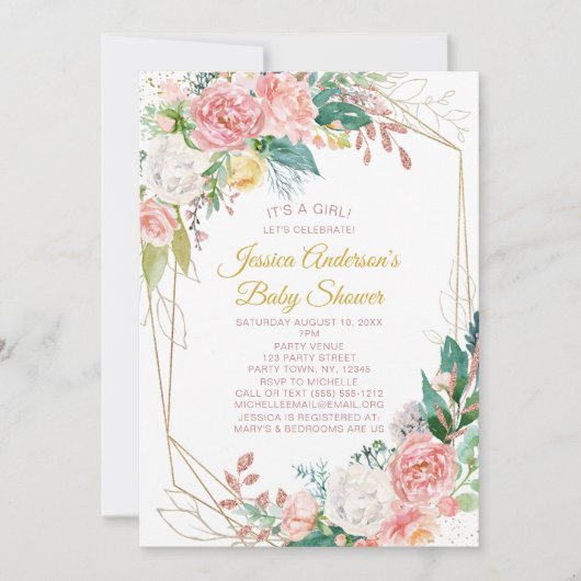  Roze Waterverf Floral Baby shower Kaart (Voorkant)