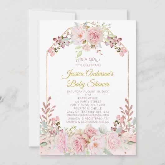  Roze Waterverf Floral Baby shower Kaart (Voorkant)