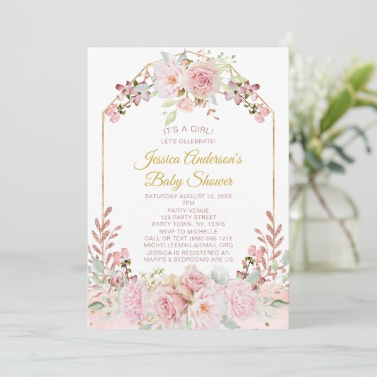  Roze Waterverf Floral Baby shower Kaart (Staand voorkant)
