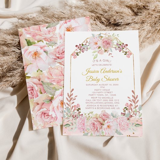  Roze Waterverf Floral Baby shower Kaart