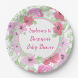  roze Waterverf Floral Baby shower Papieren Bordje