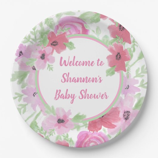 roze Waterverf Floral Baby shower Papieren Bordje (Voorkant)