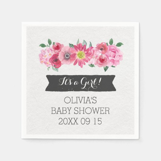 Roze Waterverf Floral Baby shower Servetten (Voorkant)