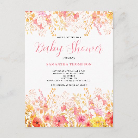 Roze Waterverf Floral Baby shower Uitnodiging Briefkaart (Voorkant)
