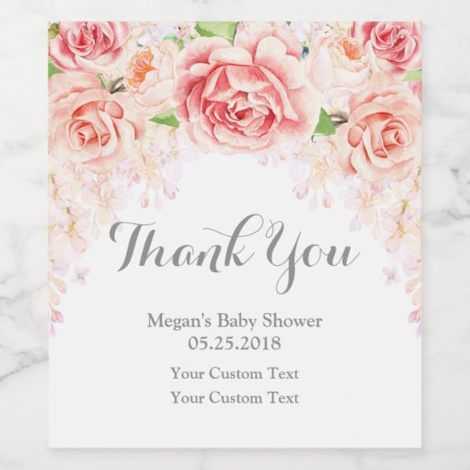 Roze Waterverf Floral Baby shower Wijnlabel Wijn Etiket (Enkel label)