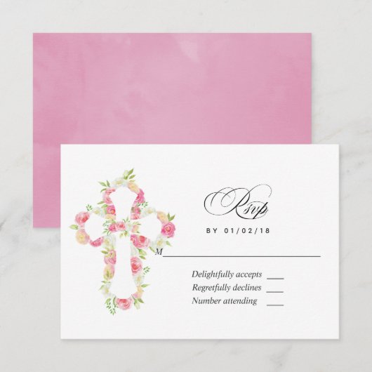 Roze Waterverf Floral Baptism of Christening RSVP Kaartje (Voorkant / Achterkant)