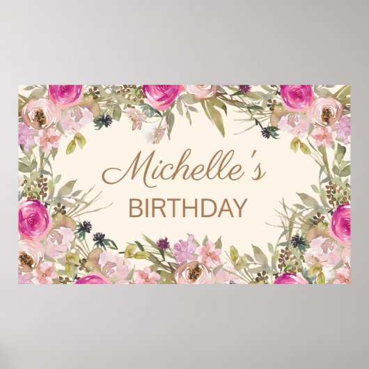 Roze Waterverf Floral Birthday Name Poster (Voorkant)